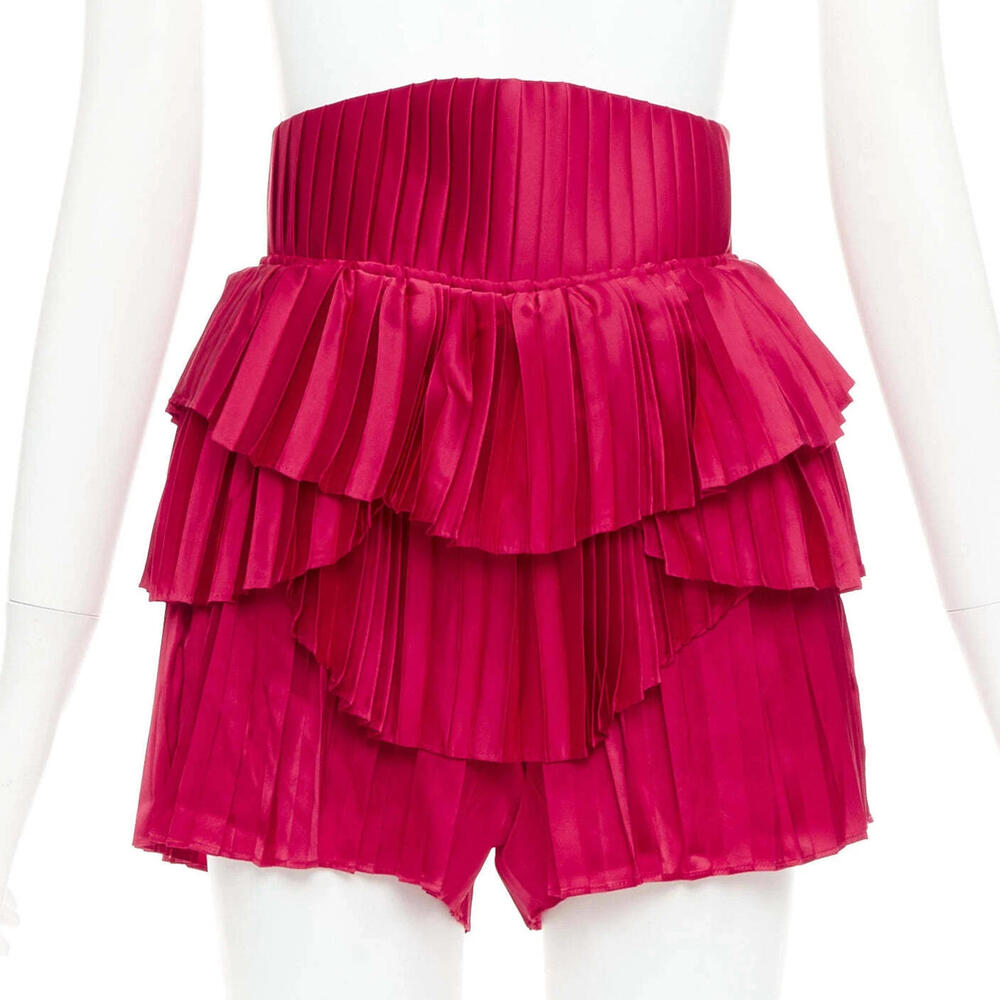 ANDREA IYAMAH Hibi Red Satin Tiered Laced Corset Pleated Shorts Skirt Small NEW